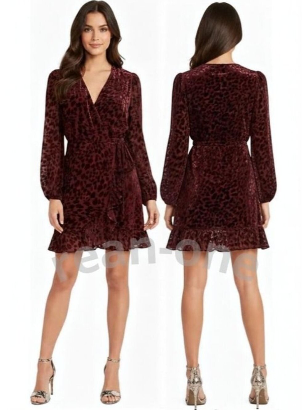 Alex Marie Women's Burgundy Maren Velvet Burnout Ruffled Wrap Mini Dress Size 10